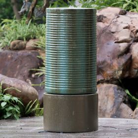 Large Concrete Ribbed Cylinder Green & Brown Water Fountain