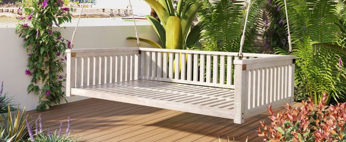 TOPMAX Patio Wood Twin Hanging Porch Swing Bed White